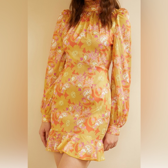 Cider Dresses & Skirts - NWT CIDER orange yellow retro floral long sleeve ruffle hem mini dress